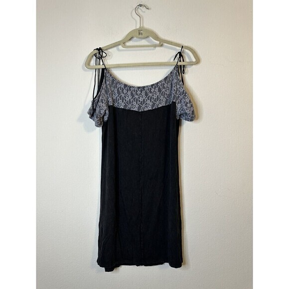 FREE PEOPLE COLD SHOULDER DRESS ROCKER DRESS BLACK W/GRAY LACE & TIE SHOULDERS L - Picture 2 of 6